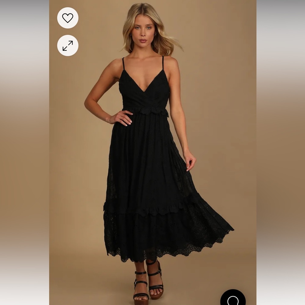 Lulus How Much I Love You Black Eyelet Tiered Midi Dress in Black, Size Small